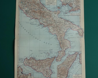 ITALY old map of Italy 1928 detailed vintage print about south Italia Sicily Palermo Messina strait Naples antique maps 24x31c 9x12&quot;