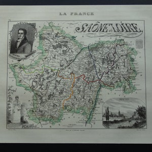 Saône-et-Loire antique map of department France 1851 original old hand-colored print Mâcon Chalon-sur-Saone vintage maps Le Creusot poster
