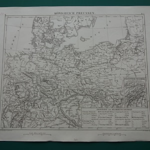 La PRUSSE, carte ancienne du royaume de Prusse, impression allemande originale de la Prusse de 1849, vieille de 170 ans et plus, cartes vintage Allemagne