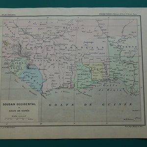 Antyczna mapa Zatoki Gwinejskiej z 1896 r., oryginalny stary druk przedstawiający Wybrzeże Kości Słoniowej, Benin, Togo, Ghanę, Achanti, Liberię, zabytkowe mapy