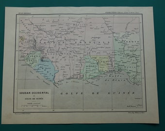 Carte ancienne du golfe de Guinée, 1896, estampe ancienne originale sur la Côte d'Ivoire, Bénin, Togo, Ghana, Achanti, Libéria, cartes anciennes