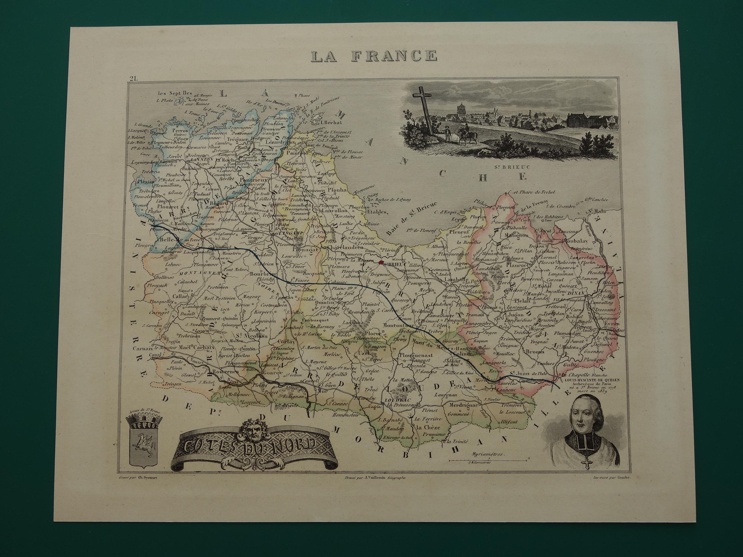 1856 Antique Map of Côtes-d'armor Department France - Beautiful