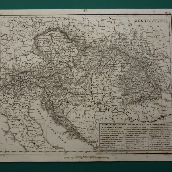 Vintage map of Austria Hungary Original 170+ years old print of Austrian Empire in 1849 antique maps northern Balkans