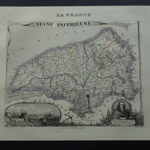 SEINE-MARITIME antique map of Seine-Inferieure department France 1851 old hand-colored print Le Havre Rouen Dieppe vintage maps carte