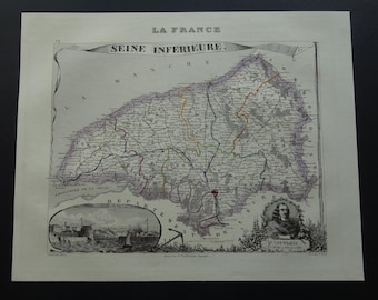 SEINE-MARITIME antique map of Seine-Inferieure department France 1851 old hand-colored print Le Havre Rouen Dieppe vintage maps carte