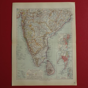 Vecchia mappa dell'India - mappa antica tedesca originale del 1913 dell'India meridionale, mappe d'epoca di Madras, Bombay, Mumbai, Chennai, Hyderabad, Maldive