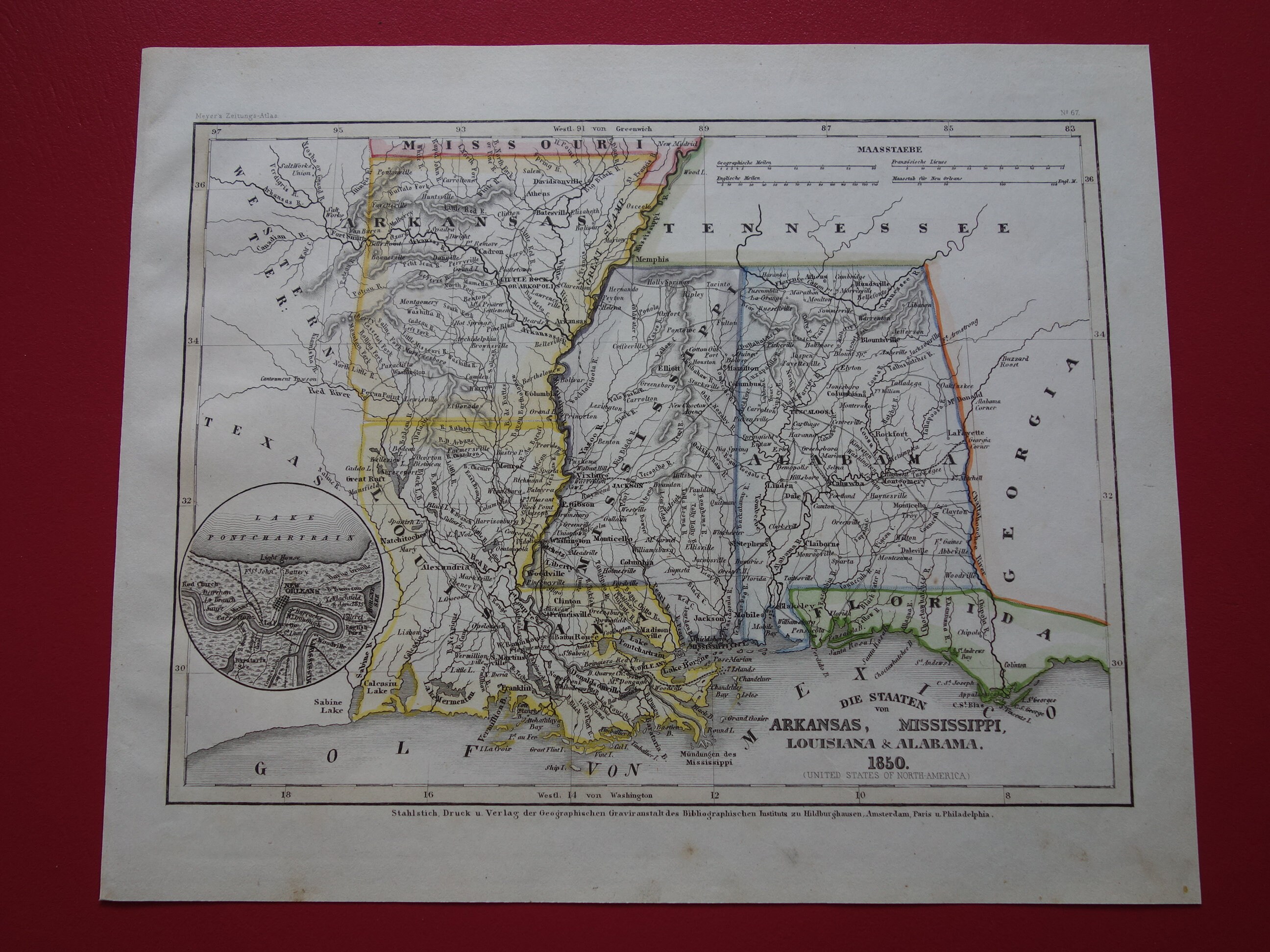Old Map of Mississippi Alabama Arkansas Louisiana USA 1850