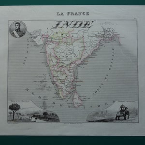 INDIE stara mapa francuskich Indii 1856 oryginalne antyczne ręcznie kolorowane mapy Pondicherry Mahé Karikal Chandannagar vintage print