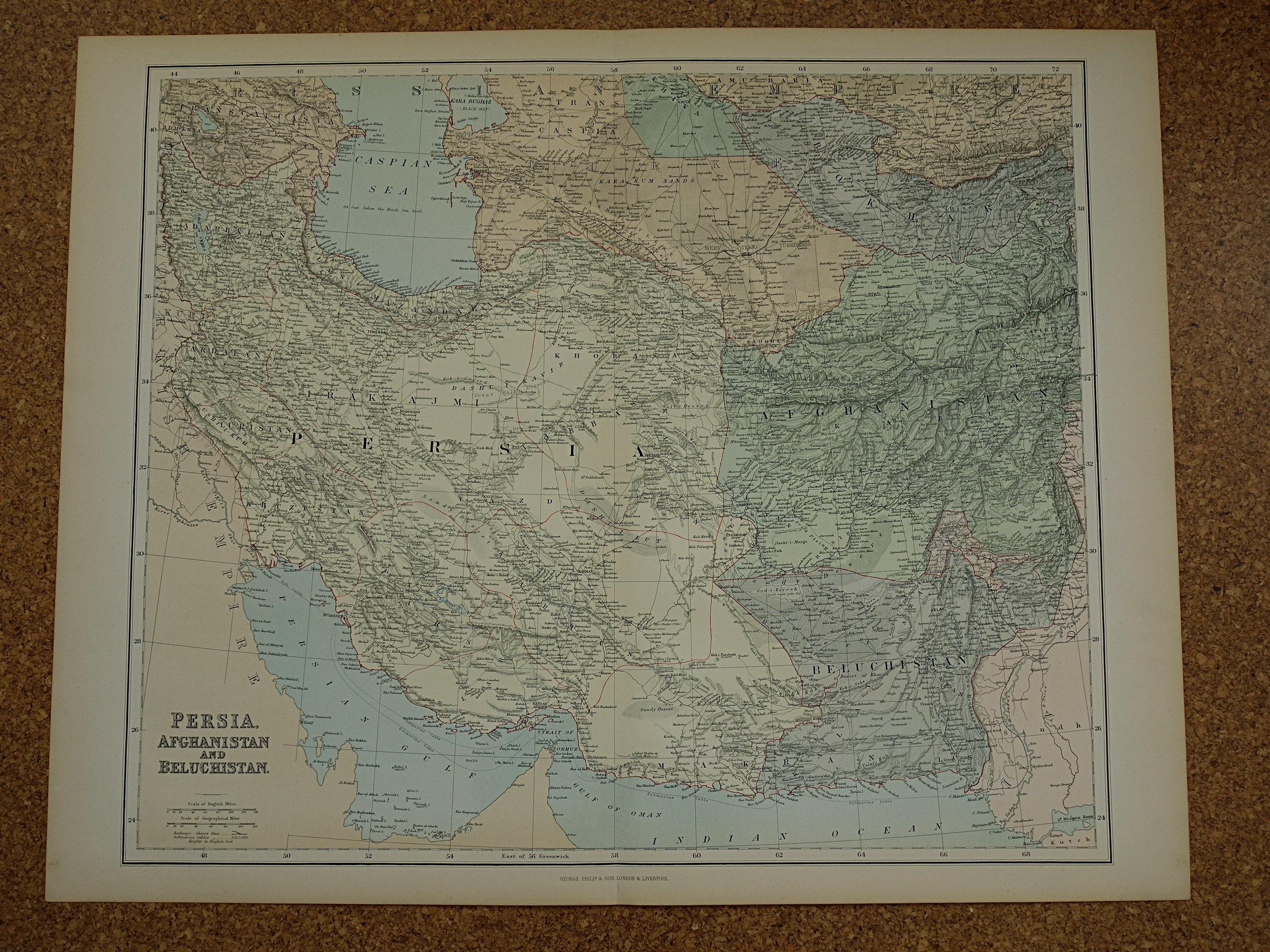 PERSIA Old Map of Persia LARGE 1890 Original Antique Poster of Iran ...
