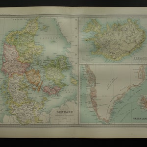 DÄNEMARK Landkarte von Island und Grönland um 1890 original englischer, antique Druck Kopenhagen Reykjavik Vintage Karten 14x19"groß
