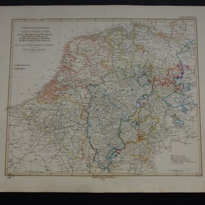 Deutschland Holland Große alte Landkarte 1860 original antike handkolorierte Druck/Poster von Niederlande Belgien Vintage Karten 14x18 groß