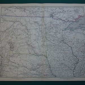 IOWA MINNESOTA vieille carte des Etats-Unis 1884 affiche ancienne originale colorée à la main sur le Nebraska Minneapolis Des Moines grandes cartes vintage usa