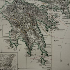 GRIECHENLAND antike Landkarte vom griechischen Königreich - wunderschöne original 1878 alte handkolorierte Landkarte über Ionische Inseln Athen Piräus - 15x19" groß