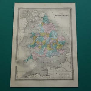 INGLATERRA mapa antigo da Inglaterra e do País de Gales 1878 original impressão francesa colorida à mão sobre a Inglaterra Reino Unido - mapas vintage - pequeno pôster -