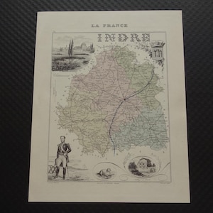 1870 INDRE old map of Indre department France Original antique print Chateauroux Le Blanc Chatre Issoudun carte ancienne Berry vintage maps