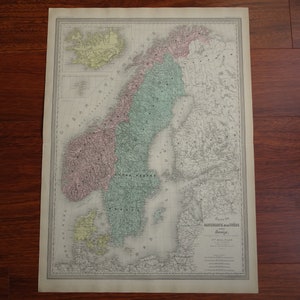 NORWEGEN alte Landkarte GROSSE original antike Landkarten über Schweden und Norwegen 1880 vintage poster print Stockholm Oslo Kristiania Gefle 24x32"groß