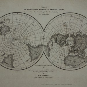 CHAMP MAGNÉTIQUE DE LA TERRE, carte du monde antique, impression vintage originale de 170 ans et plus sur l'illustration des champs géomagnétiques de la carte du monde du magnétisme