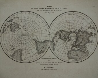 EARTH'S MAGNETIC FIELD Antike Weltkarte Original 170+ Jahre alter Vintage Druck über Magnetismus Weltkarte geomagnetische Felder Abbildung