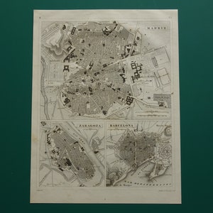 SPANIEN antike Landkarte Madrid von Barcelona Zaragoza 170+ Jahre alter deutscher Stadtplan 1849 Vintage Landkarten spanische Städte