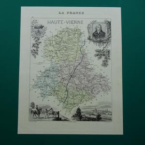 1870 年アンティーク マップ オート ヴィエンヌ県フランスの美しい古い手彩色プリント リモージュ ロシュシュアール ヴィンテージ マップ ヴィエイユ カルト