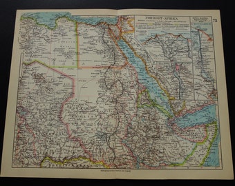 Old German map of Northeast Africa 1931 original vintage print about Egypt Sudan Ethiopia Libya Northeastern Horn antique maps 24x31c 9x12&quot;
