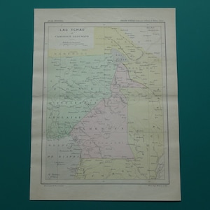 Carte du CAMEROUN allemand 1896, impression ancienne originale du lac Tchad Douala Tibati alte Karte von Kamerun Bifara Yola 22 x 29 c 9 x 11 po. Cartes colorées à la main