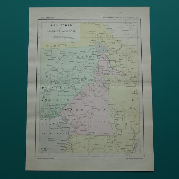 German CAMEROON map 1896 original antique print of Lake Chad Douala Tibati alte Karte von Kamerun Bifara Yola 22x29c 9x11" hand colored maps