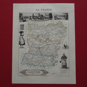 MAYENNE old map of departement France 1856 antique print about Laval Château-Gontier Évron Ernée vintage maps vieille carte small poster