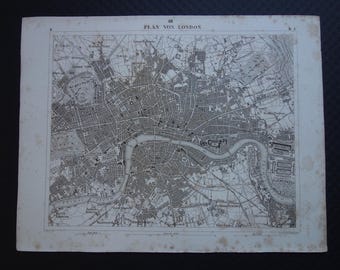 Carte antique de Londres de Londres, Angleterre, plan de la ville original de plus de 175 ans, 1849, cartes vintage de Londres