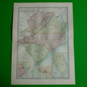 Carte ancienne des États-Unis, grande carte ancienne originale de 1890, affiche de cartes d'état vintage de Virginie-Occidentale du Sud, Caroline du Nord, Richmond Charleston 14 x 18" grande