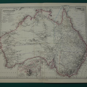 Mappa dell'Australia GRANDE 1885 originale vecchia stampa antica di poster di Sydney Port Jackson mappe vintage dettagliate Darwin esploratori scoperta 14x18 grande