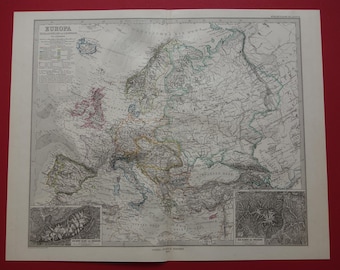 Puede incluir: Un mapa antiguo de Europa, impreso en blanco y negro con bordes de color. El mapa muestra los países de Europa, incluyendo Rusia, Escandinavia y la Península Ibérica. El mapa está titulado "EUROPA" y está fechado en 1873.