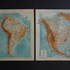 Nord- und Südamerika vintage Karten Set von 1908 alte Landkarte mit zwei Höhenkarten über Kontinent Vintage Druck vom Jahr 1908