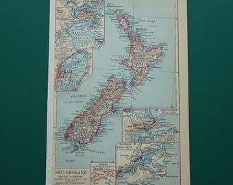 Vintage map of New Zealand 1931 old German print with inset maps of Auckland Wellington Christchurch and Dunedin area - 16x24c 6x9&quot;