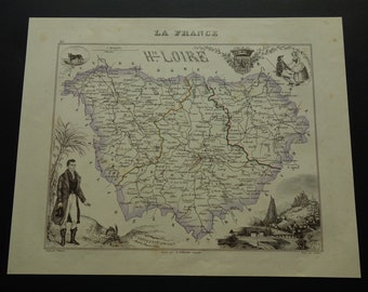 FRANCE old map of Haute-Loire department 1851 original hand-colored antique poster print Le Puy Rocher St. Micel vintage maps France - 9x11"