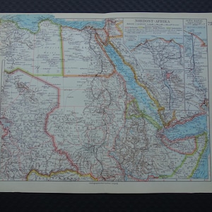 Mapa antiguo alemán del noreste de África, impresión original de 1928 sobre Egipto, Sudán, Etiopía, Libia y el Cuerno de África nororiental. Mapas antiguos de 24x31 cm (9x12 pulgadas).