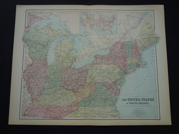 USA alte Landkarte der USA 1878 LARGE original antike Druck/Poster über  Ostküste große Seen Vintage englische Karten Chicago Boston Detroit