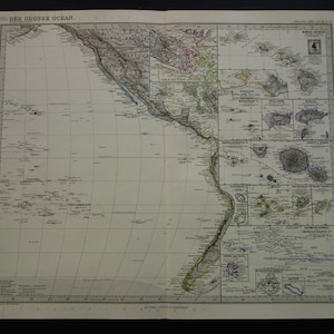 Polynesia Pacific map LARGE 1891 original old antique poster print of Hawaii Galapagos detailed vintage maps the Tuamotus Tahiti 15x18 big