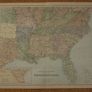 1890 USA alte Karte Original antikes Poster/Druck Vintage Karten über Südstaaten Florida South North Carolina Memphis New Orleans