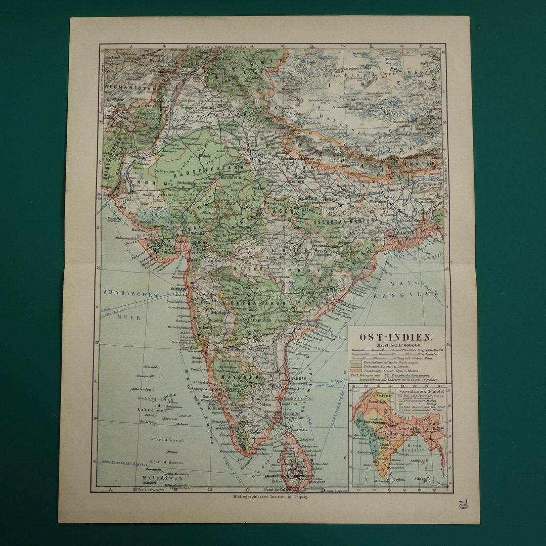 Vintage Map of India 1905 Detailed Original Antique Print Indian