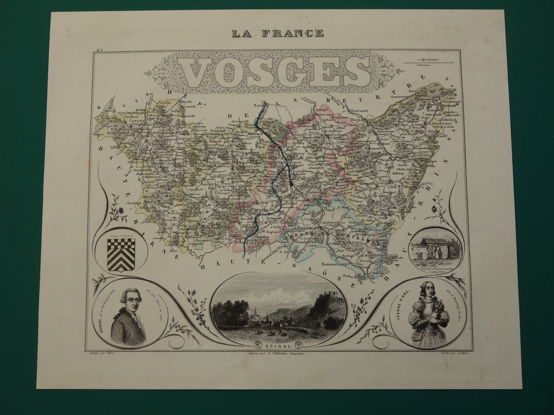 VOSGES Old Map of Vosges 1856 Original Antique Print About Jeanne D'arc