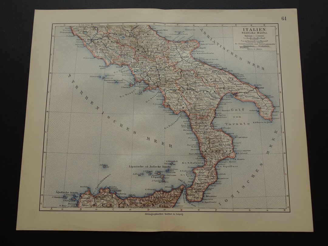 ITALY Old Map of Southern Italy 1906 Original Antique Detailed Print Naples Taranto Bari Vintage ...