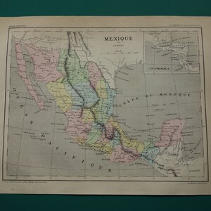 MEXICO antique map of Mexico 1877 original French hand colored print about Mexico City Ecatepec Puebla Mexico vintage maps 9x11&quot;