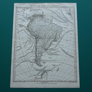 Vintage kaart van Zuid-Amerika 1849 originele antieke Duitse print over continent rivierwatersystemen vintage kaarten kleine poster 9 x 12 inch