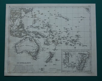 OCEANIA old map of Australia New-Zealand Original 170+ years old German print Oceania continent 1849 vintage maps Polynesia