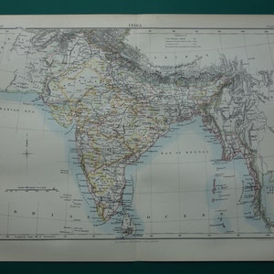 INDIA old map of British India - beautiful 1881 original antique print about Calcutta Delhi Tenasserim area - vintage maps small poster