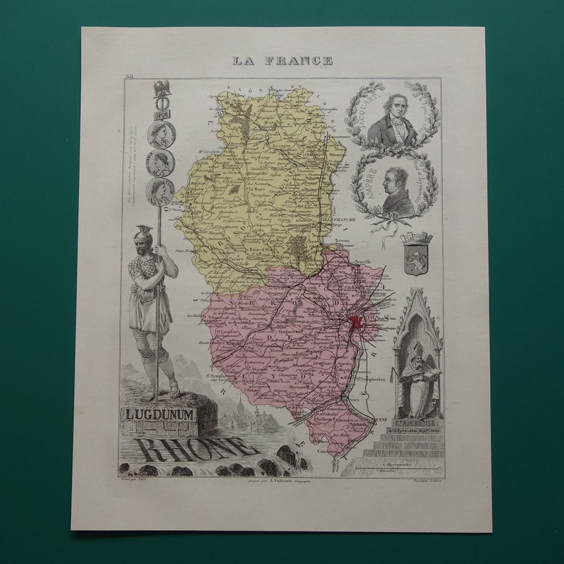 1876 Old map of Rhône department France Lovely antique print about Lyon Villeurbanne Vénissieux Bron vintage maps Rhone vieille carte image 5