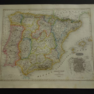SPANJE oude kaart van Spanje en Portugal 1849 originele antieke print Madrid Barcelona gedateerde vintage kaarten om in te lijsten