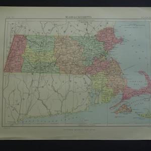 Massachusetts alte Landkarte 1883 original antique Druck von Boston Salem Nantucket Bereich Vintage US Zustand Karten 21 x 27 cm
