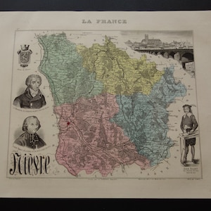 NIEVRE antique map of Nièvre department France 1882 Beautiful old hand-colored print Nevers Decize Cosne-Cours-sur-Loire vintage maps 9x11"